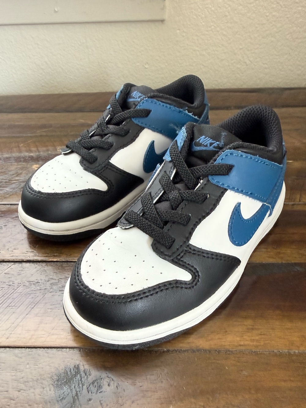 Kids Nike Dunk Low Industrial Blue Summit White Leather No Tie Elastic Walker 9c